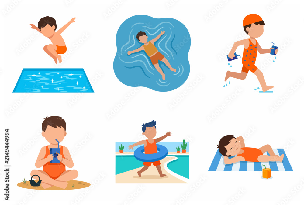Obraz premium Flat vector illustration set of children enjoying summer activities such as swimming, sunbathing, and drinking juice at the beach or pool