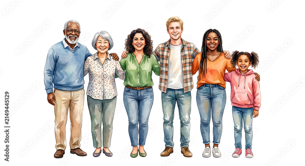 Fototapeta premium A diverse group of people from different generations stand together in unity.