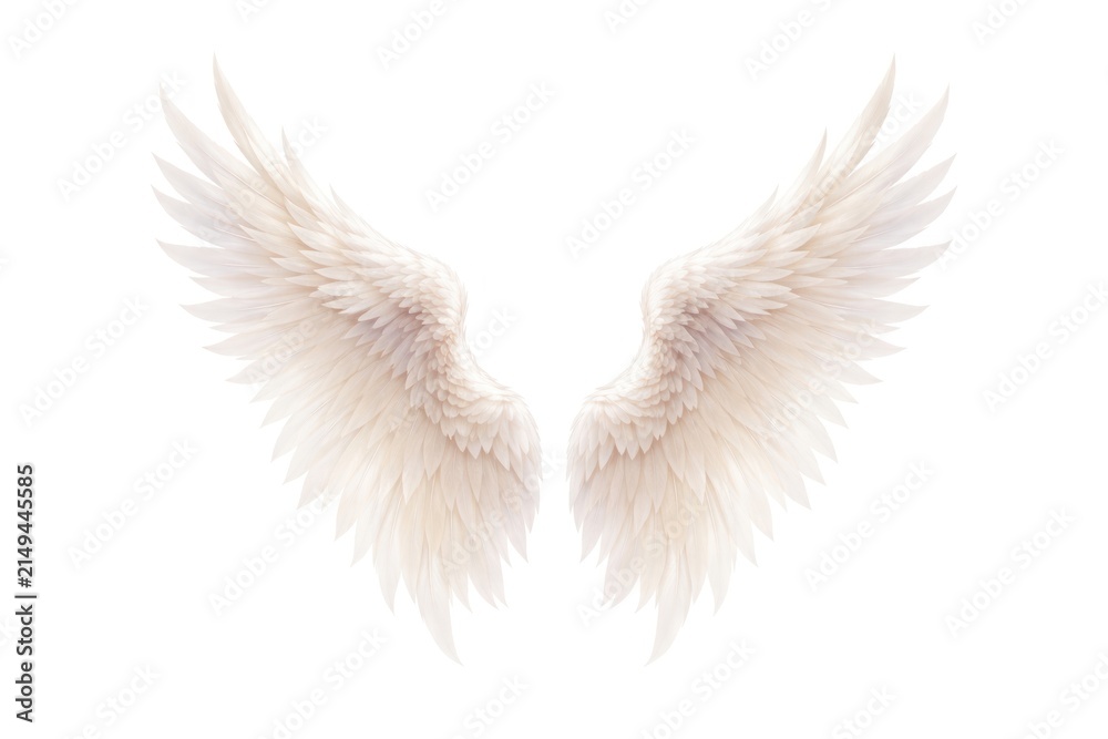 Fototapeta premium Elegant white angel wings with detailed feather texture on a white background.