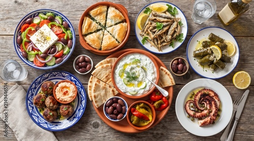 Assortment of Traditional Mediterranean Dishes on a Rustic Wooden Table