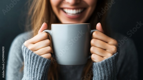 A woman holding a mug of coffee, smiling brightly