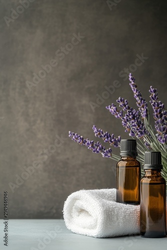 Two amber glass bottles of essential oil sit on a white towel next to a sprig of lavender, evoking a sense of calm and relaxation. The background is a dark, textured wall