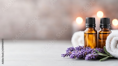 Aromatic essential oil bottles accompanied by fresh lavender and rolled towels, creating a serene spa ambiance