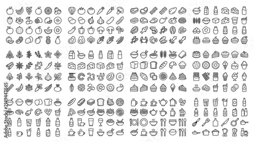 Konstfotografi Food and drink editable line icon collection with nutrition cooking fruits veget