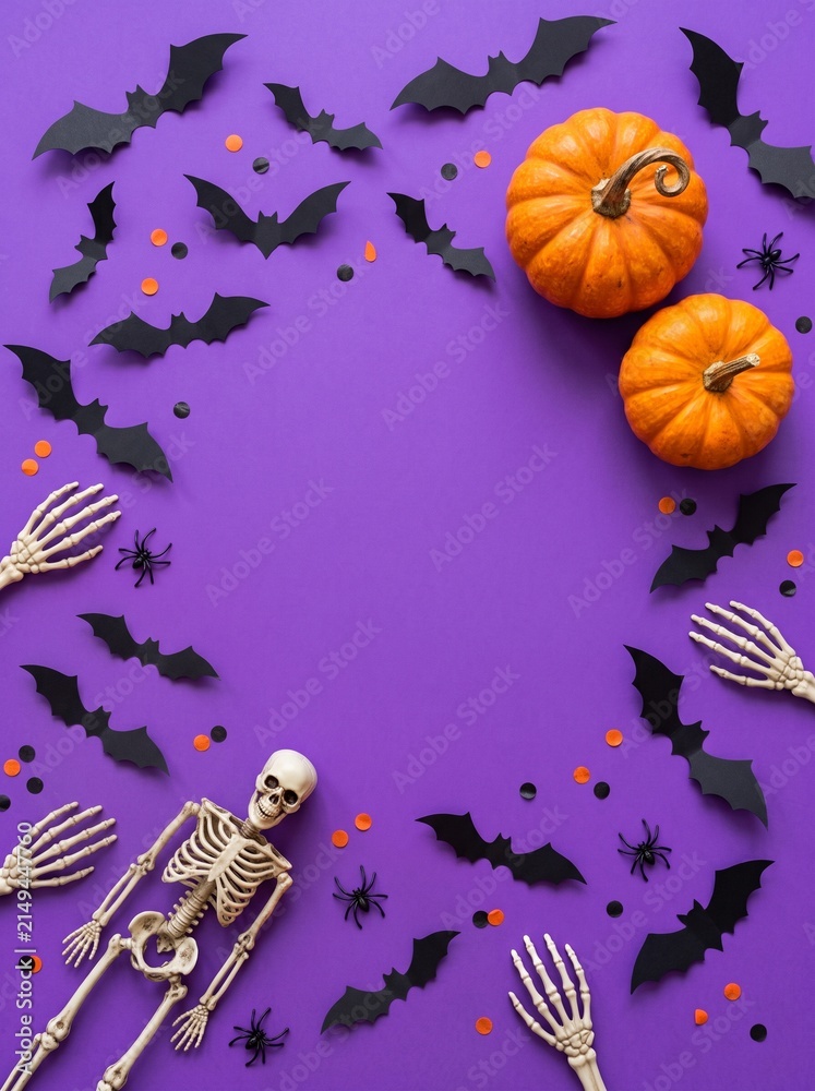 Obraz premium Halloween background with pumpkins skeleton and bats arranged in a circular frame on a vibrant purple surface