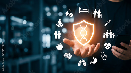 Hand holding glowing DNA shield with digital health icons for life longevity and medical healthcare protection