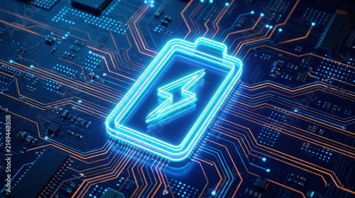 Glowing blue battery icon on a circuit board with neon lines with lines orange pathways icon dark electricity electronics technology innovation microchip computing with component