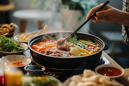 Korean hot pot with beef and vegetables steaming broth and condiments culinary tradition