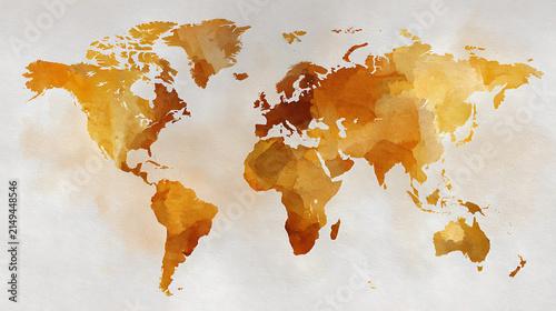 Watercolor world map illustration with golden brown hues on a white background global