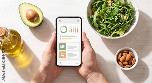 Healthy lifestyle and nutrition tracking concept showing hands holding smartphone with diet app among fresh organic ingredients