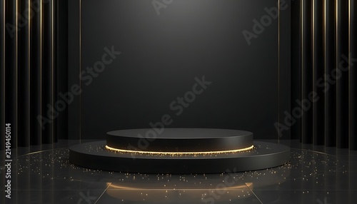 Black podium stage with golden light ring and vertical wall textures.