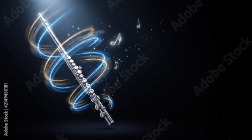 Silver transverse flute surrounded by spiraling glowing light trails and copy space on dark background