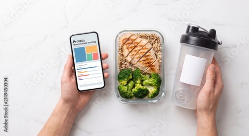 Healthy fitness diet and macronutrient tracking concept with meal prep container of grilled chicken, quinoa, broccoli, smartphone and protein shaker