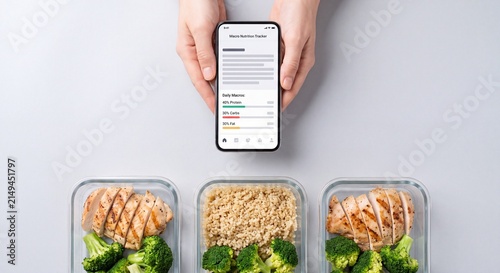 Healthy lifestyle and nutrition tracking concept showing hands holding smartphone above healthy meal prep glass containers