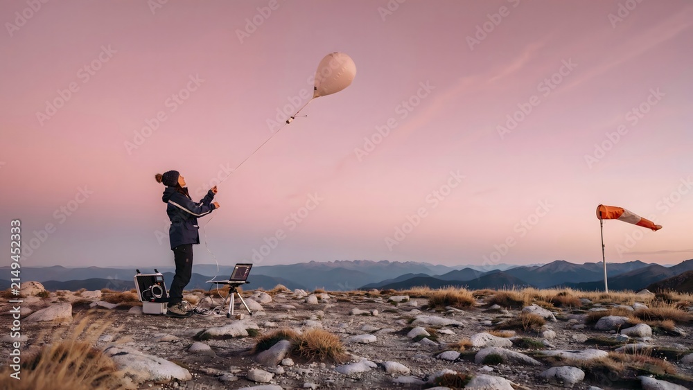 Obraz premium Person Flying a Hot Air Balloon at Sunset Near Mountain Landscape