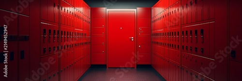 Crimson corridor a symmetrical view of red lockers lining a hallway with a central door dramatic lighting