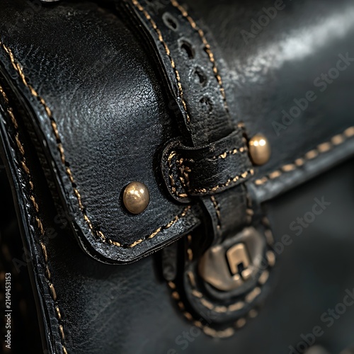 Close up of a black leather bag with antique brass hardware and detailed stitching showcasing craftsmanship