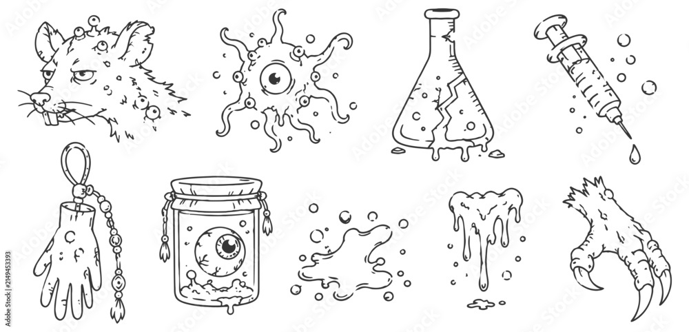 Fototapeta premium hand drawn halloween spooky horror elements including mutant rat, eyeball jar, creepy monster and laboratory syringe