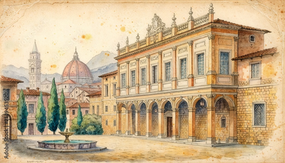 Obraz premium Italian Renaissance architecture background with antique watercolor