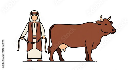 Bedouin shepherd with a brown cow illustration vector graphic