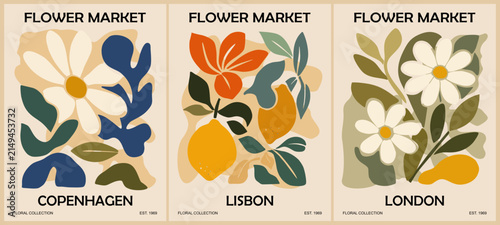Floral art prints for three European cities. Simple shapes and soft earth tones. Copenhagen, Lisbon, and London each have unique floral patterns. Daisies, leaves, and abstract fruits adorn each design
