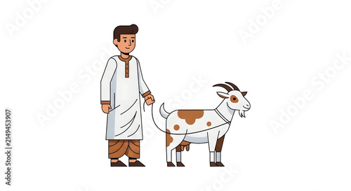 Cartoon man walking a goat illustration vector graphic on a white background