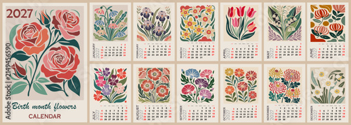 Vintage floral calendar for 2027. Each month shows a different bloom. Roses, tulips, daisies, and more. Soft pastels frame the blooms. Perfect for home or office walls. Floral design evokes calm