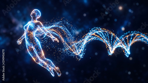 Abstract visualization of human longevity featuring a glowing particle silhouette and genetic DNA spiral background