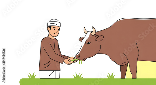 Farmer feeding a brown cow green grass in a cartoon style illustration