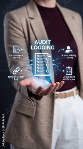 A person's hand displaying a glowing hologram of Audit Logging with interconnected icons representing chronological record, tamper evident trail, accountability tracking, and compliance verification