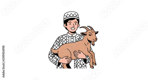 Man carrying a goat illustration with traditional clothing and a patterned hat