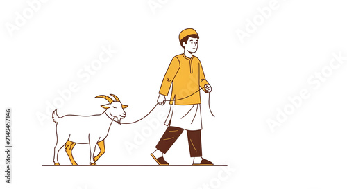 Young man walking a goat with a leash vector illustration on a white background