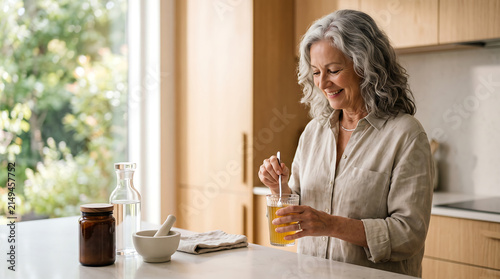 Happy mature woman mixing a natural health tonic in a modern kitchen for longevity and vitality