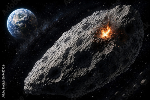 Large grey asteroid with orange explosion on surface, Earth in dark starry space, cosmic impact and danger concept