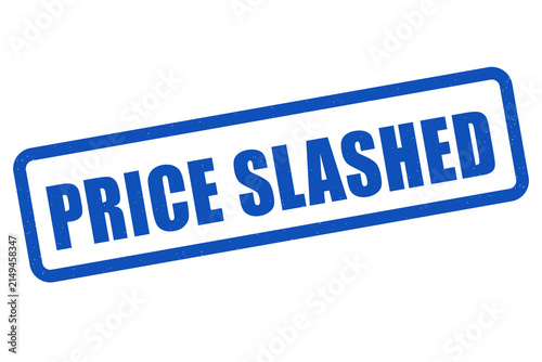 Blue price slashed rubber stamp style text on black background