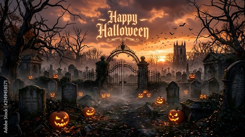 Happy halloween text over dark cemetery path with iron gates and glowing pumpkins under orange sunset sky for seasonal horror background design
