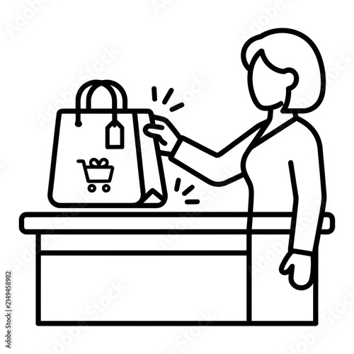 Customer shopping at counter with purchased bag icon outline customer shopping