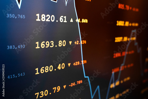 Stock market financial data screen with price charts, graphs and trading numbers, investment and finance concept