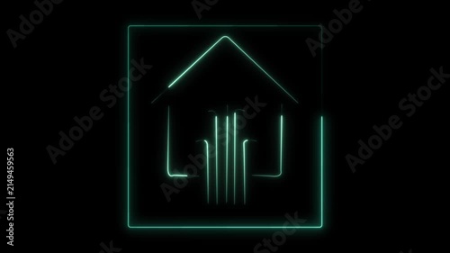 Glowing Mint Green Neon Smart Home Icon Animation Loop - Futuristic House with Circuit Lines in Square Frame for IoT Technology and Automation HUD Motion Graphics on Black Background
