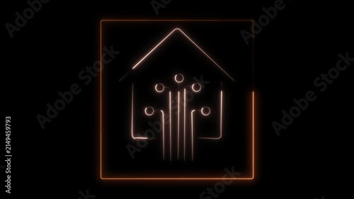 Glowing Copper Orange Neon Smart Home Icon Animation Loop - Futuristic House with Circuit Lines in Square Frame for IoT Technology and Automation HUD Motion Graphics on Black Background