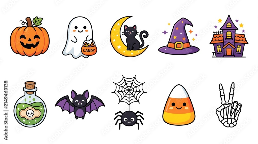 Fototapeta premium Set of cute hand drawn halloween stickers featuring ghosts pumpkins bats and other spooky holiday themed icons