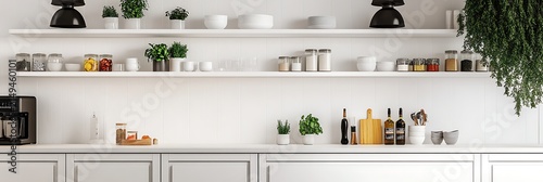 Bright white kitchen shelving display with plants dishes and glass jars for food storage