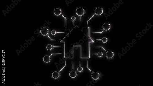 Glowing White Neon Smart Home Icon Animation Loop - Futuristic Digital House with Circuit Nodes Concept for IoT Technology and Automation HUD Motion Graphics on Black Background