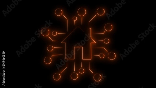 Glowing Orange Neon Smart Home Icon Animation Loop - Futuristic Digital House with Circuit Nodes Concept for IoT Technology and Automation HUD Motion Graphics on Black Background