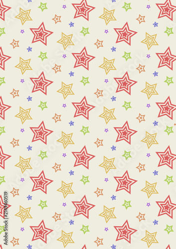 repeating pattern of multicoloured outline stars in red, yellow, green, purple and blue on a light background