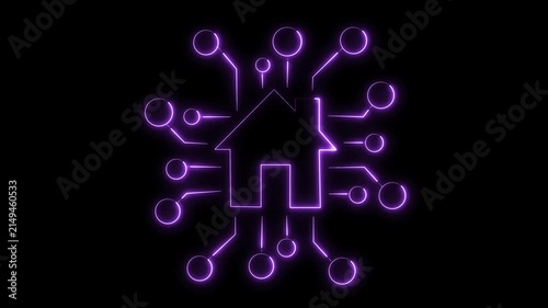 Glowing Purple Neon Smart Home Icon Animation Loop - Futuristic Digital House with Circuit Nodes Concept for IoT Technology and Automation HUD Motion Graphics on Black Background