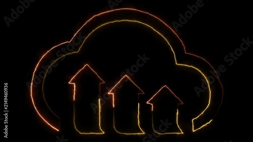 Neon digital cloud icon, data transfer animation. Glowing neon cloud storage with arroAnimated cloud storage icon with upward arrows featuring rough glowing outline for data transfer and online backup