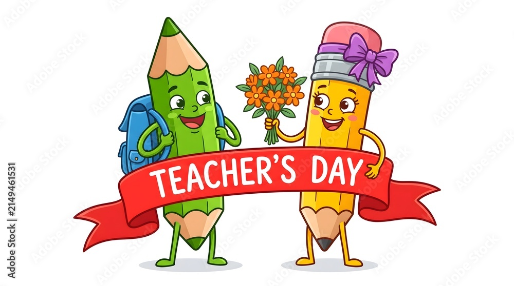Fototapeta premium Cute cartoon pencils characters celebrating teacher day with a bouquet of flowers and a red banner