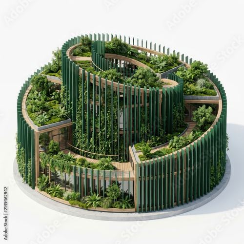 Subtainability Soft 3D Illustration sustainable soft 3d illustration of circular green building with vertical garden and lush roof