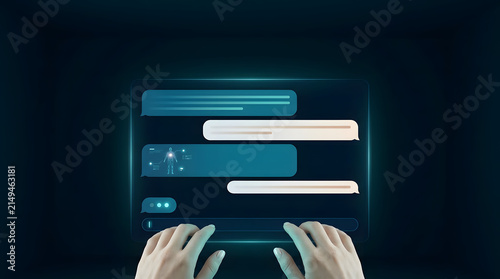 Hands typing on a digital chat interface with speech bubbles